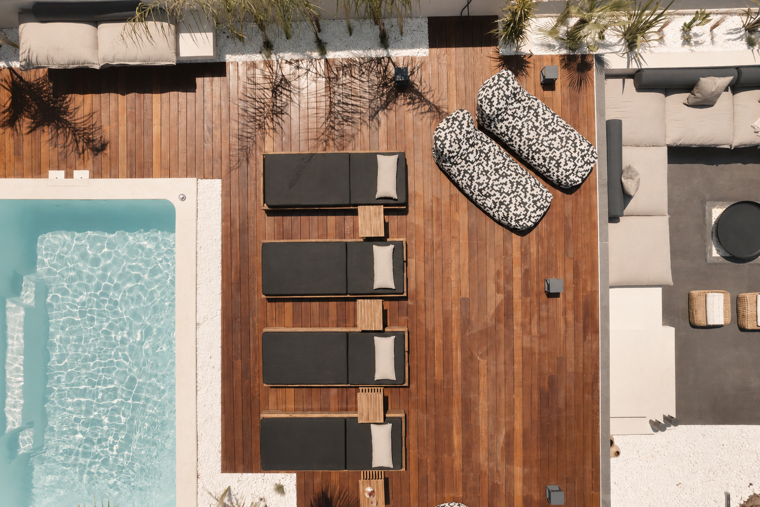 Aerial view of the private pool and timber terrace