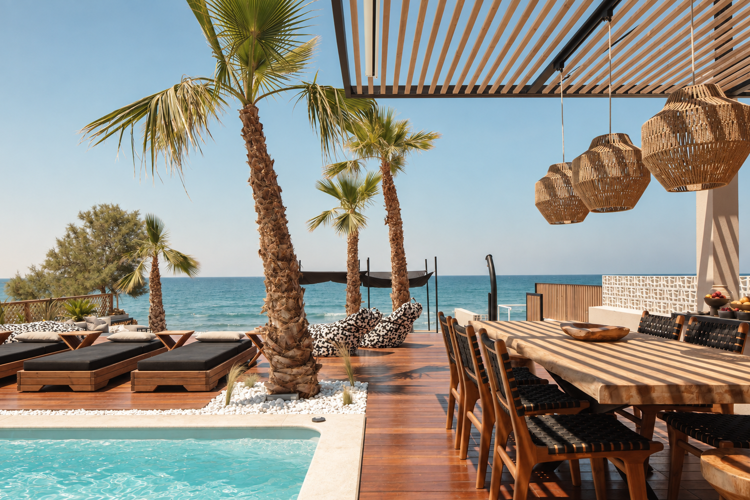 Casa Negro's poolside dining terrace with palm trees and the Aegean